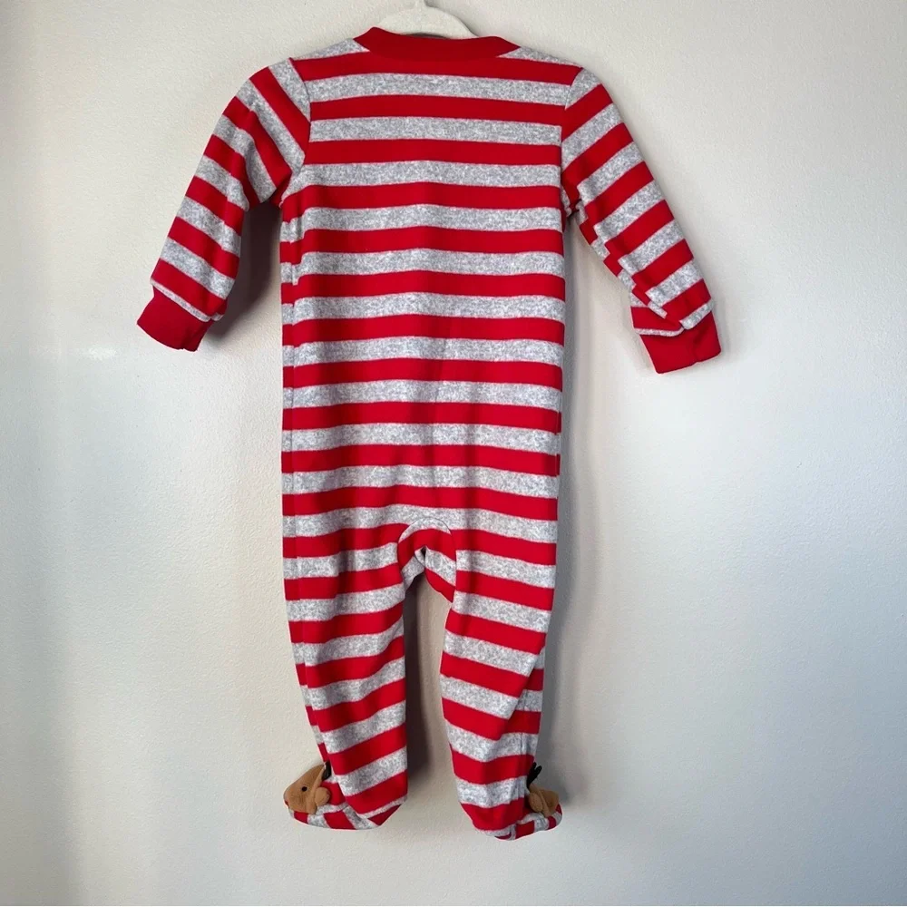 Carter's Baby 6M Red & Gray Striped Fleece Footie Cute Reindeer Feet Holiday